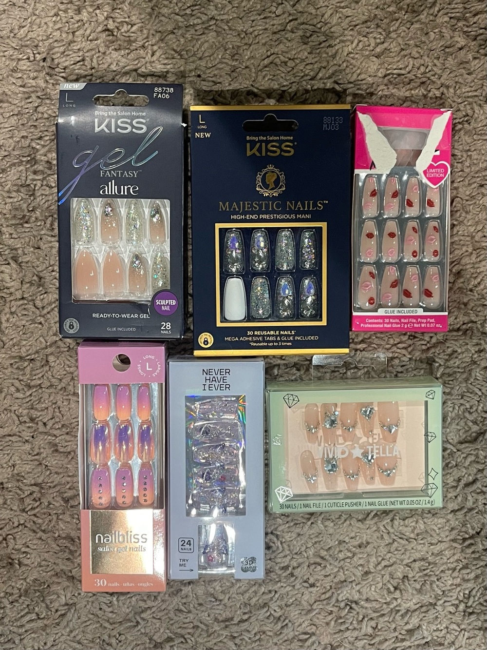 KISS Majestic & Assorted Press-On Nail Sets - Pink, Peach, Clear, Glitter BUNDLE